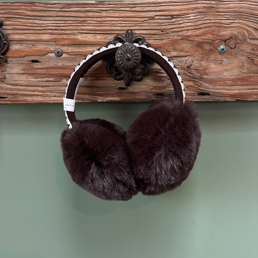 Anthropologie Violet & Brooks Brown Faux Fur Earmuffs Geometric Embroidered Band